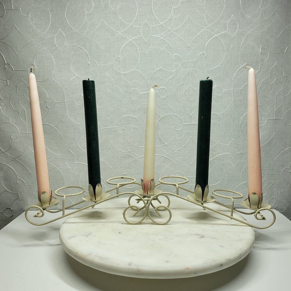 Vintage Metal Lotus Taper Candle Holder 5 Cup Shabby Cottage Farmhouse Decor